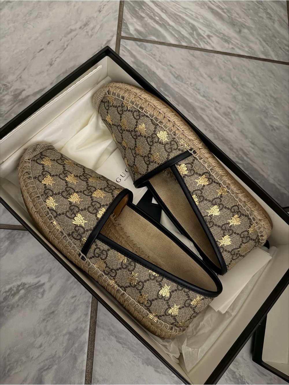 Gucci Beige & Gold GG Bee Canvas Espadrilles